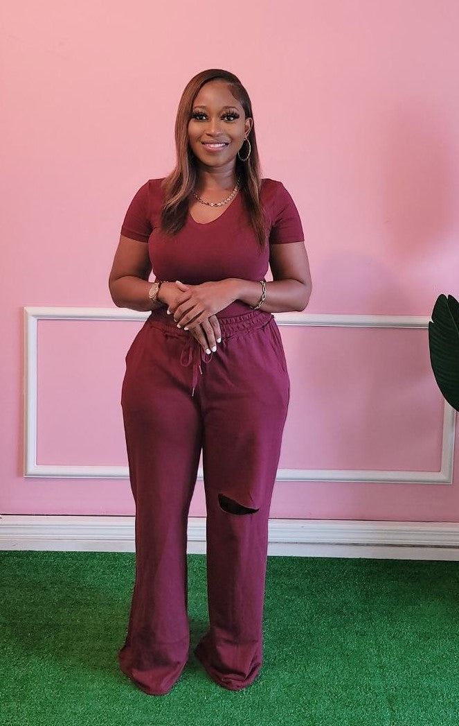 So Comfy Basic Pant Set - Burgundy