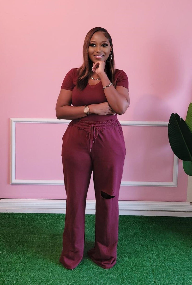 So Comfy Basic Pant Set - Burgundy